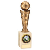 BRONZE/GOLD PLASTIC FOOTBALL FIGURE ON CREAM MARBLE TROPHY - (1in CEN) 9in